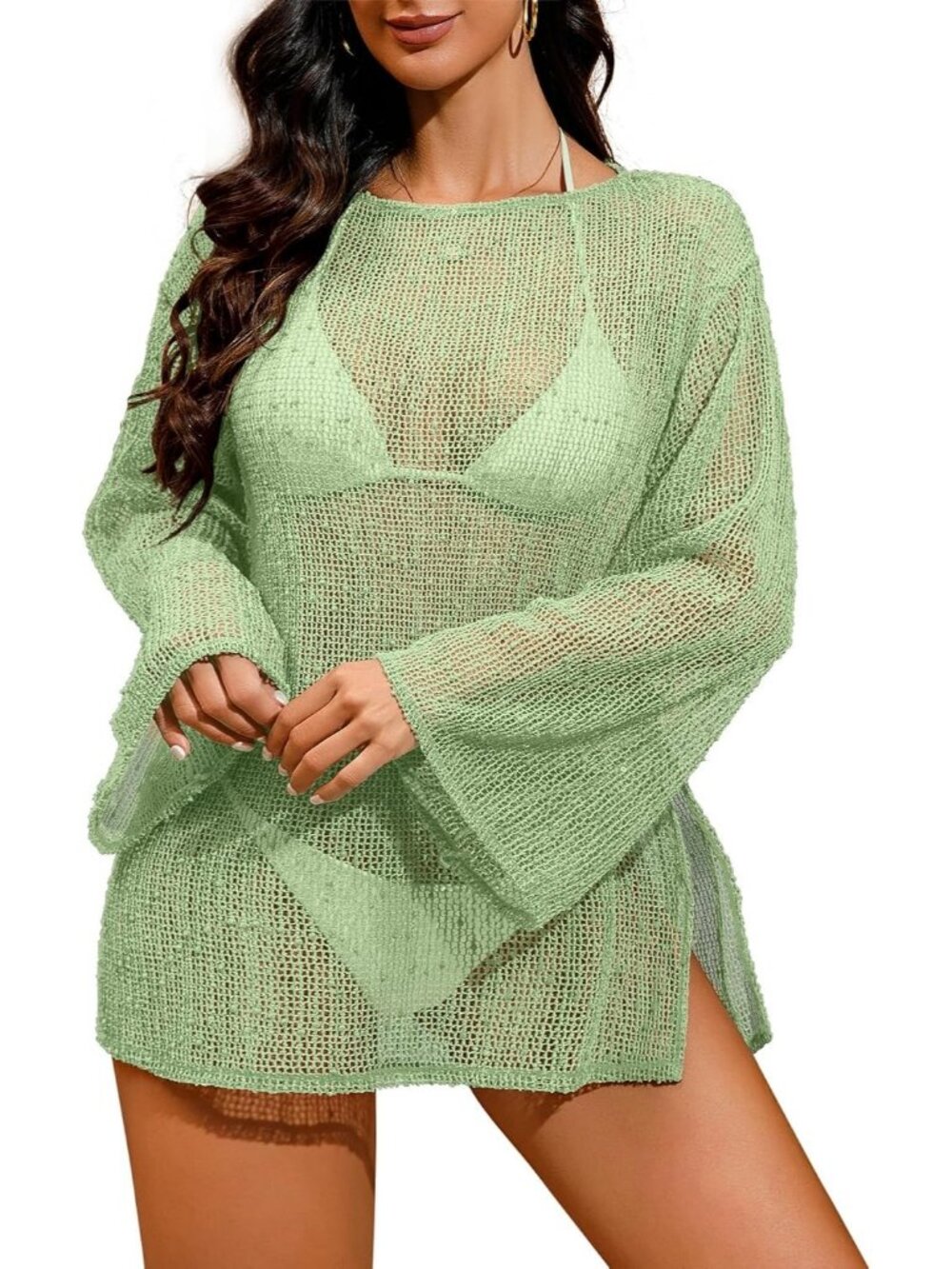Women's Bean Green Polyester Crochet Mesh Cover Up Swimsuit Bathing Suit Sparkle